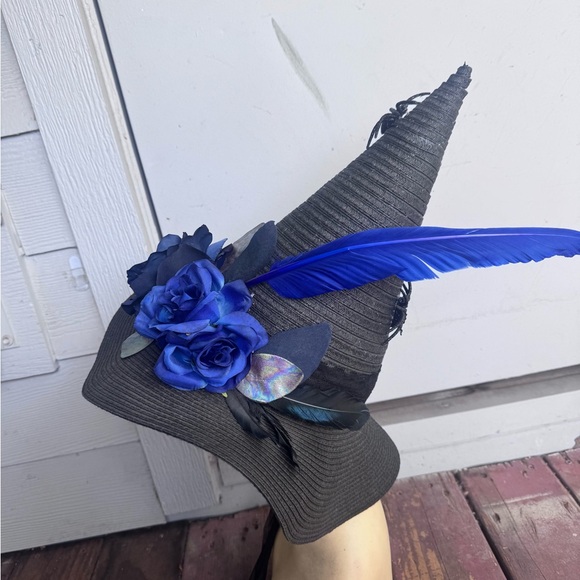 Custom Handmade Black Witch Hat with Blue Floral & Feather Trim main image 5